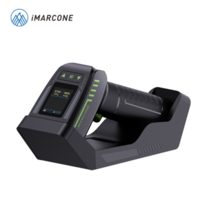 2D wireless bluetooth barcode scanner with display and charging base, handheld portable scanner for retail POS and warehouse use